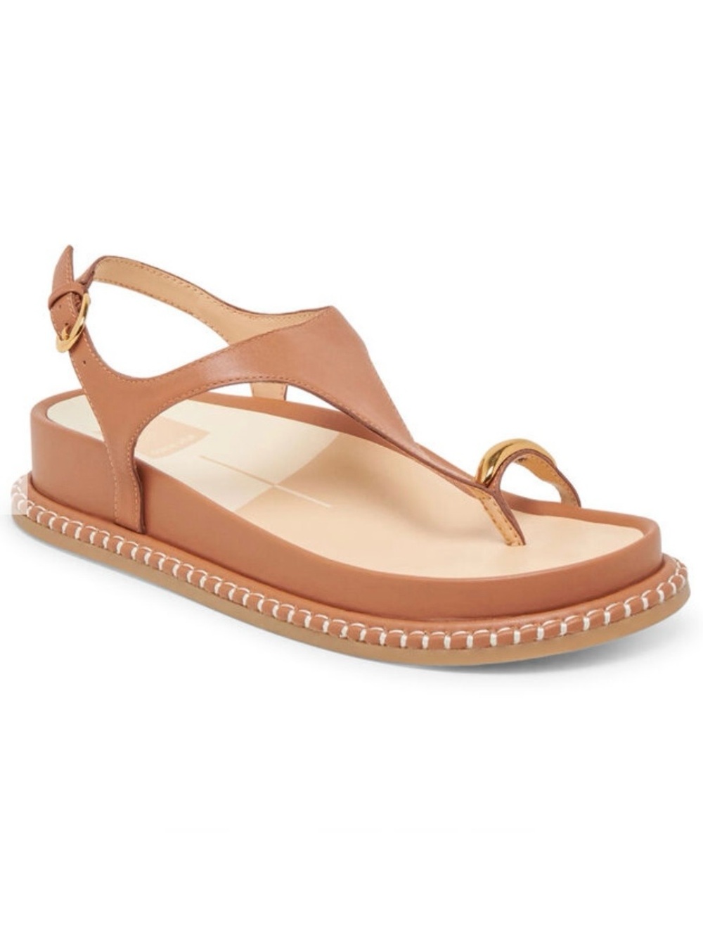 DV by Dolce Vita Tan Leather T-Strap Sandal with Gold Ring Accent